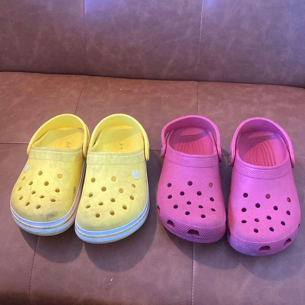 Red and yellow crocs (2 pairs) size 2 kids